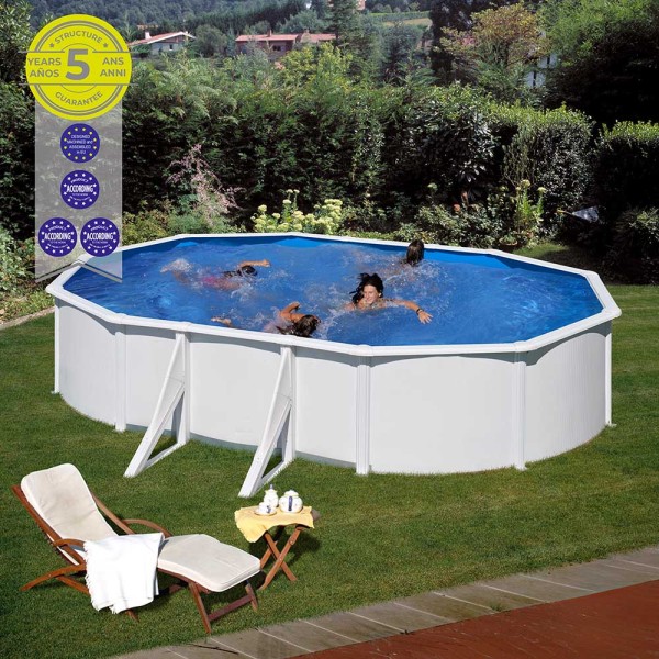 Piscina con pared de acero y chapa blanca, ovalada, con depuradora, 500 x 300 x 120 cm